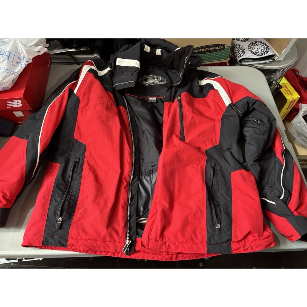 Vintage Obermeyer Jacket Skiwear Red Black Zip Up Hooded Coat Mens Large 90s Gem